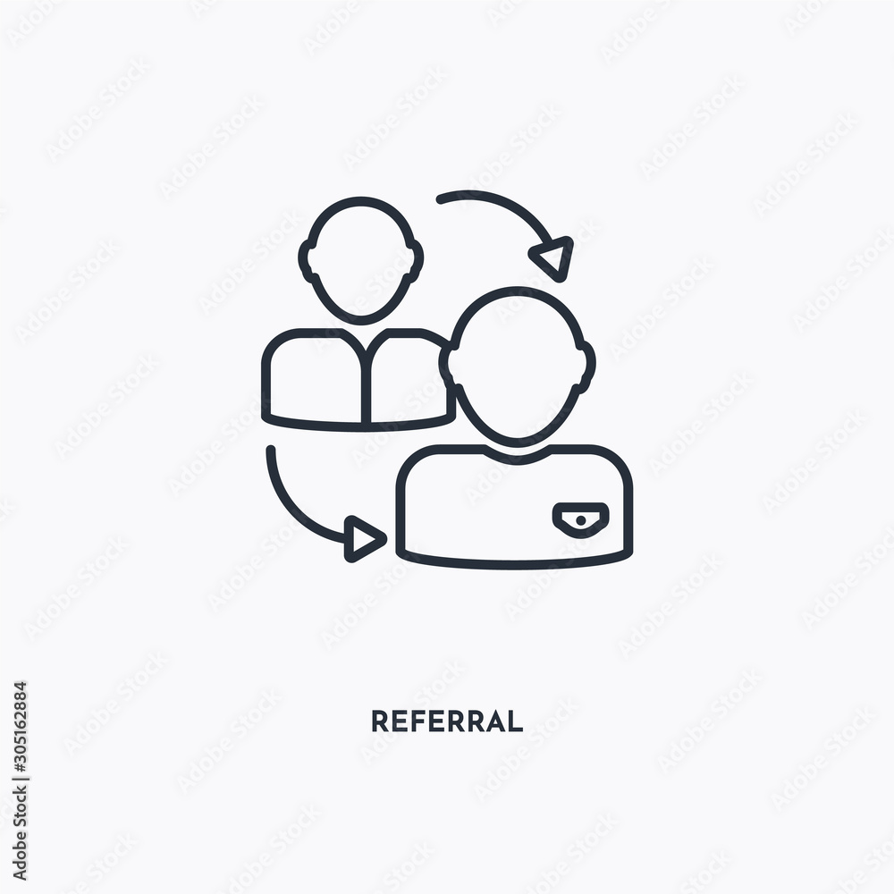 Referral outline icon. Simple linear element illustration. Isolated line Referral icon on white background. Thin stroke sign can be used for web, mobile and UI. Referral outline icon. Simple linear element illustration. Isolated line Referral icon on white background. Thin stroke sign can be used for web, mobile and UI.