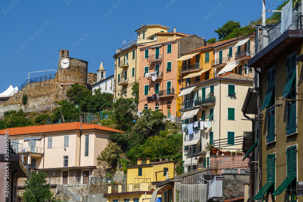 RIOMAGGIORE / ITALY - JULY 2015: View to coastal Riomaggiore village in Cinque Terre, Italy
