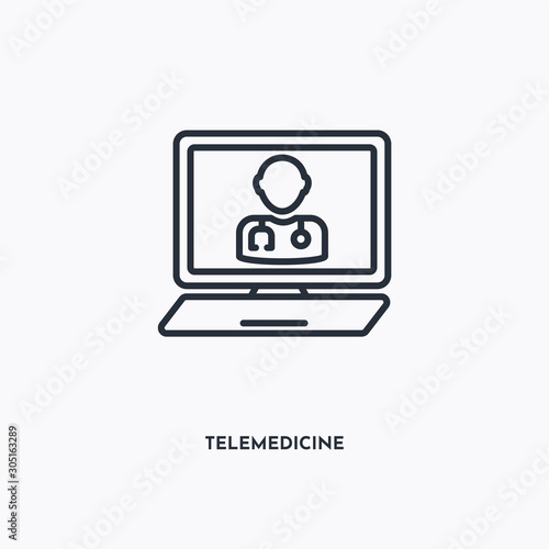 telemedicine outline icon. Simple linear element illustration. Isolated line telemedicine icon on white background. Thin stroke sign can be used for web, mobile and UI.