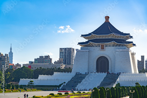 The National Taiwan Democracy Memorial Hall Park. Text in Chinese on the architecture is " National Chiang Kai-shek Memorial Hall ". Taipei, Taiwan