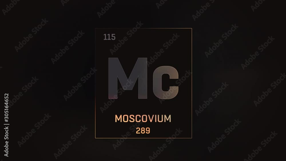 Moscovium as Element 115 of the Periodic Table. Seamlessly looping 3D animation on grey illuminated atom design background with orbiting electrons. Design shows name, atomic weight and element number Moscovium as Element 115 of the Periodic Table. Seamlessly looping 3D animation on grey illuminated atom design background with orbiting electrons. Design shows name, atomic weight and element number