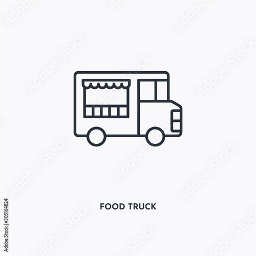 Food truck outline icon. Simple linear element illustration. Isolated line Food truck icon on white background. Thin stroke sign can be used for web, mobile and UI.