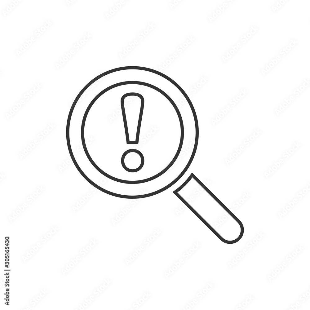 Risk analysis icon in flat style. Exclamation magnifier vector illustration on white isolated background. Attention business concept. Risk analysis icon in flat style. Exclamation magnifier vector illustration on white isolated background. Attention business concept.