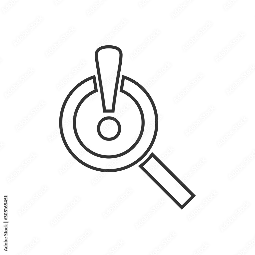 Risk analysis icon in flat style. Exclamation magnifier vector illustration on white isolated background. Attention business concept. Risk analysis icon in flat style. Exclamation magnifier vector illustration on white isolated background. Attention business concept.