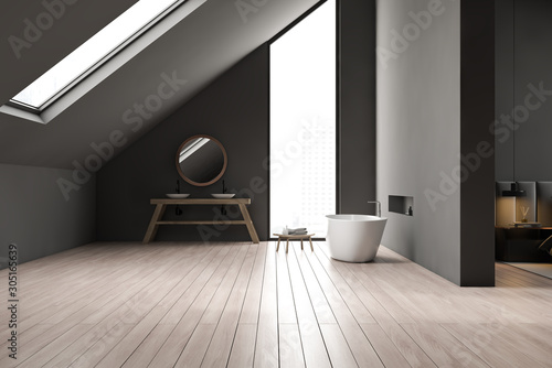 Attic bathroom interior with bedroom