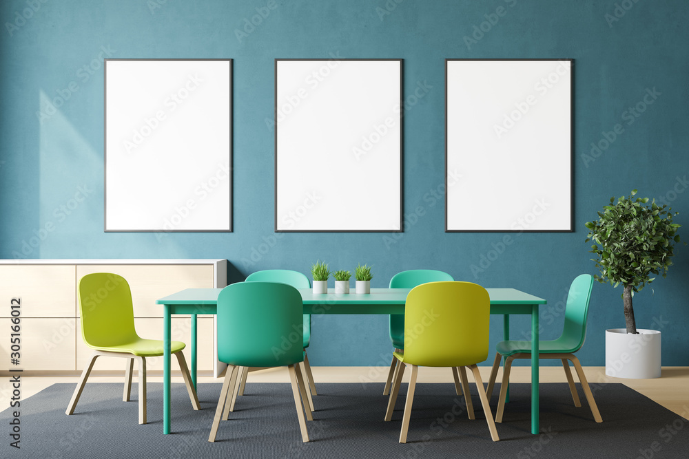 Blue dining room with poster gallery Blue dining room with poster gallery