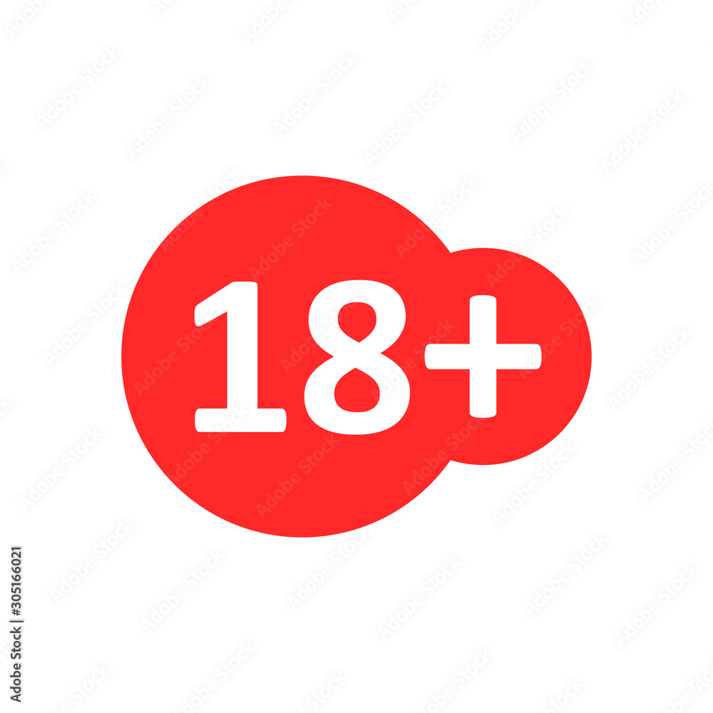 Eighteen plus icon in flat style. 18+ vector illustration on white isolated background. Censored business concept. Eighteen plus icon in flat style. 18+ vector illustration on white isolated background. Censored business concept.