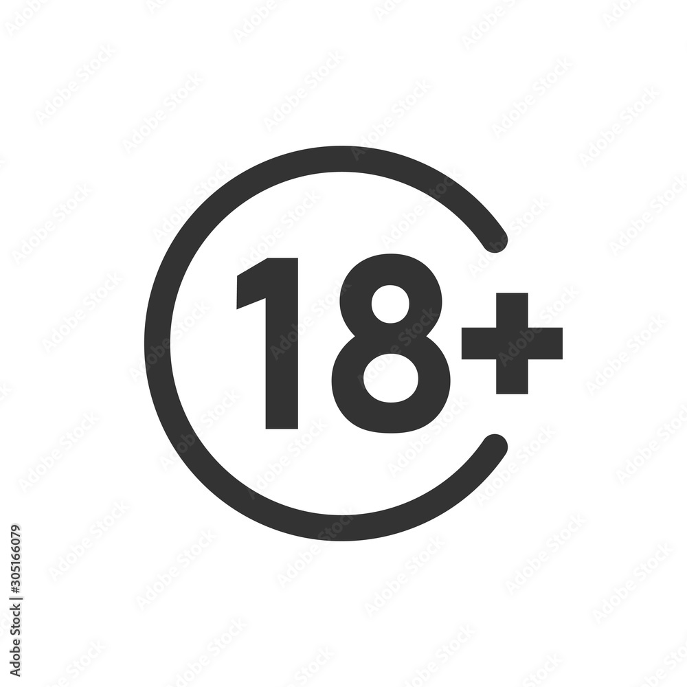 Eighteen plus icon in flat style. 18+ vector illustration on white isolated background. Censored business concept. Eighteen plus icon in flat style. 18+ vector illustration on white isolated background. Censored business concept.