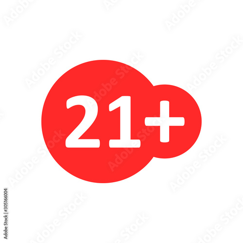 Twenty one plus icon in flat style. 21+ vector illustration on white isolated background. Censored business concept.