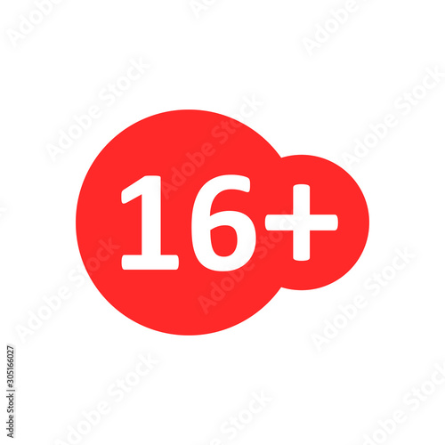 Sixteen plus icon in flat style. 16+ vector illustration on white isolated background. Censored business concept.