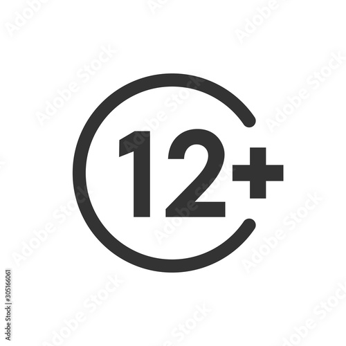 Twelve plus icon in flat style. 12+ vector illustration on white isolated background. Censored business concept.