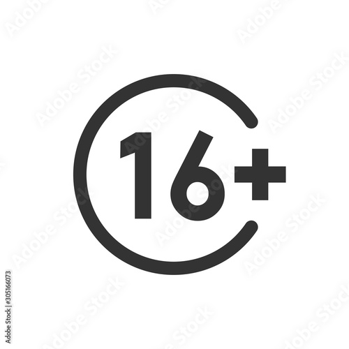 Sixteen plus icon in flat style. 16+ vector illustration on white isolated background. Censored business concept.