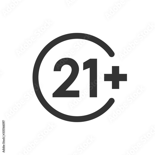 Twenty one plus icon in flat style. 21+ vector illustration on white isolated background. Censored business concept.