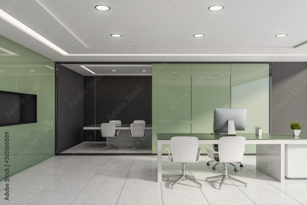 Green and gray office with meeting room Green and gray office with meeting room