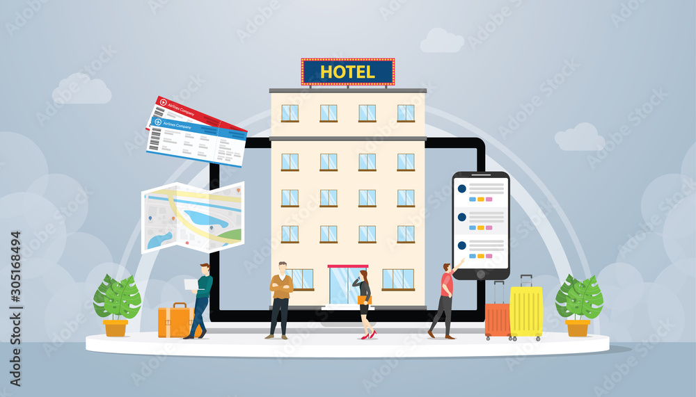 online hotel reservation concept with ticket and smartphone and maps with modern flat style - vector online hotel reservation concept with ticket and smartphone and maps with modern flat style - vector