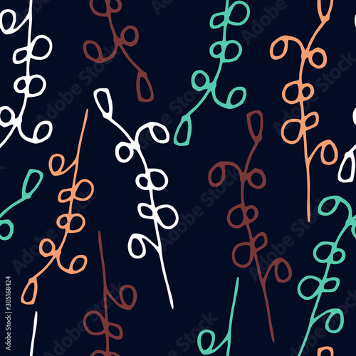 Floral seamless pattern in line art style.  Abstract botanical print of flowers, leaves, twigs.Textile design texture. Spring blossom background. Vector illustration.