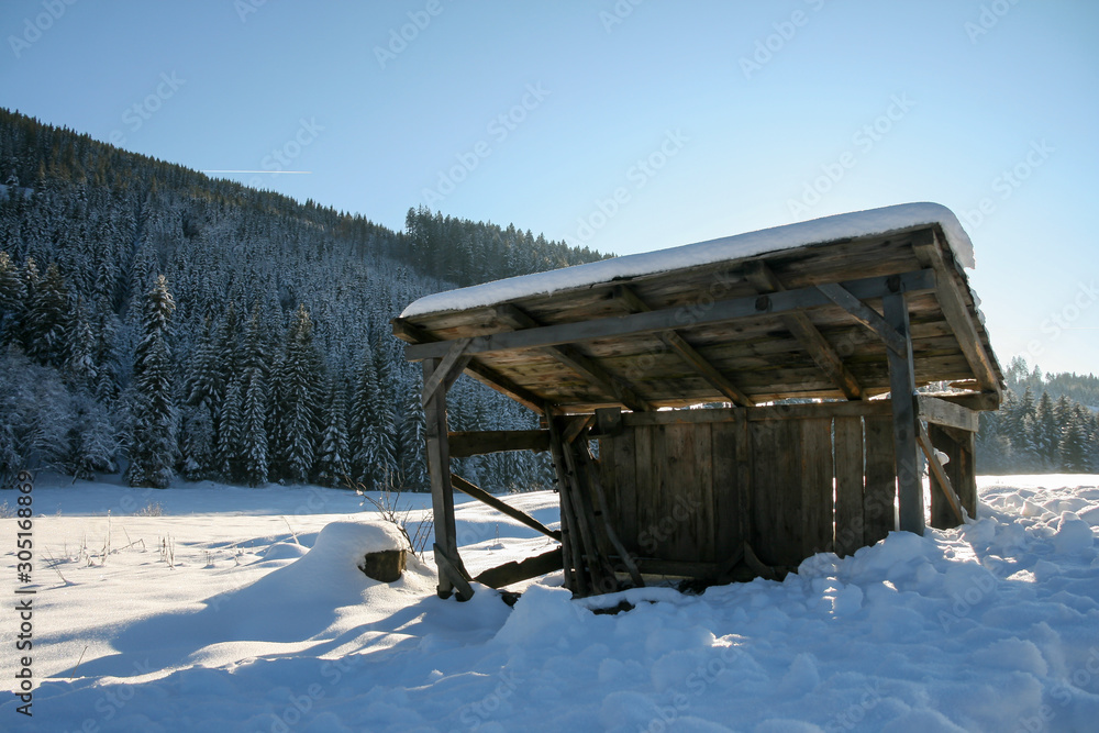 A wooden barn is covered by snow and nicely illuminated by the sun. Blue skies and snow covered trees add to this winter scene.