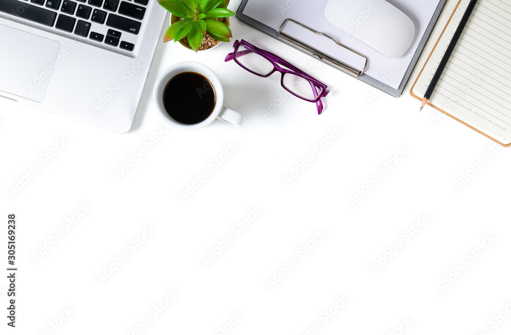 White office desk table with laptop computer, White office desk table with laptop computer,
