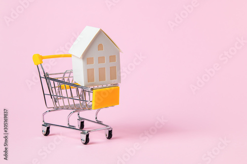 Model paper house in shopping cart isoalted on pink