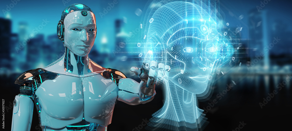 White robot using digital artificial intelligence head interface 3D rendering White robot using digital artificial intelligence head interface 3D rendering