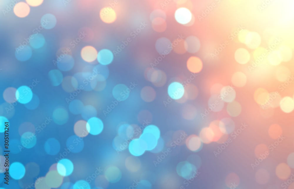 Bokeh blue yellow ombre empty background. Glitter colored blurred texture. Festive abstract illustration. Gleaming confetti defocused pattern. - obrazy, fototapety, plakaty 