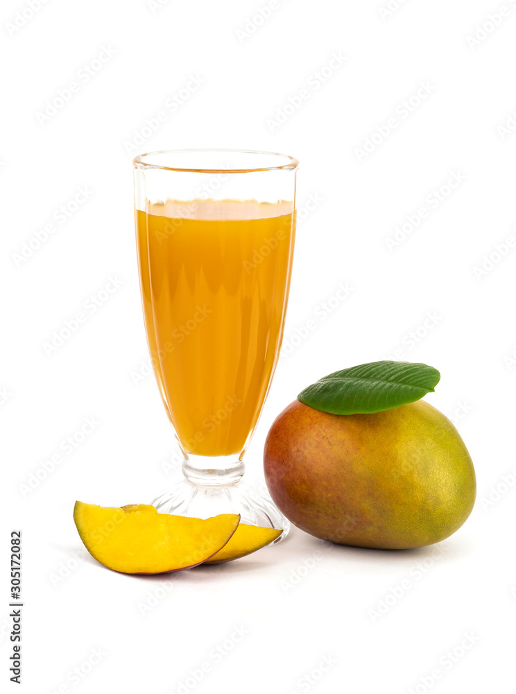 Mango smoothie in high glass served with slided mango isolated on white background. Mango shake shooting in studio. Image with path. Organic tropical fruits on summer concept. Mango smoothie in high glass served with slided mango isolated on white background. Mango shake shooting in studio. Image with path. Organic tropical fruits on summer concept.