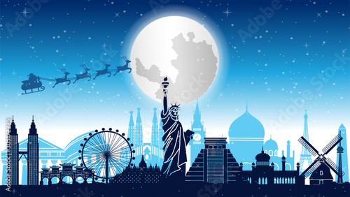 santa claus and reindeer are above world famous landmarks,vector illustration
