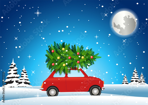 red car carry on christmas tree to decorate on big holiday in winter night,vector illustration