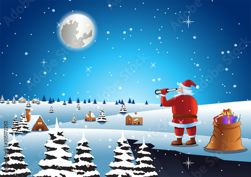santa claus seeking for house to send gifts,vector illustration