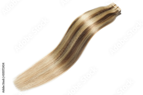 Fotografía Straight tape in brown mix blonde highlights human hair extensions