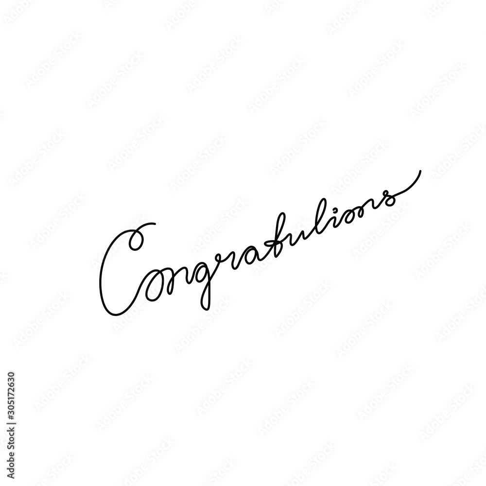 Congratulations inscription, continuous line drawing, greeting card or invitation, tattoo, print for clothes, t-shirt, emblem or logo design, one single line on a white background, isolated vector.