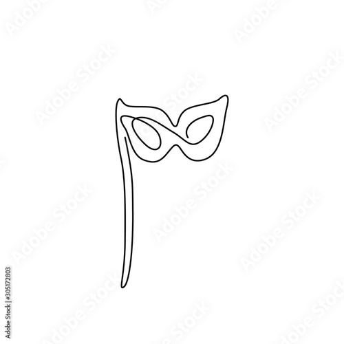 Carnival mask, masquerade, drama mask with stick continuous line drawing, small tattoo, print for clothes and logo design, emblem or logo design, isolated vector illustration.