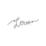 Love inscription in heart continuous line drawing, small tattoo, print for clothes and logo design, one single line on a white background, isolated vector. Hand lettering on Valentine's Day.