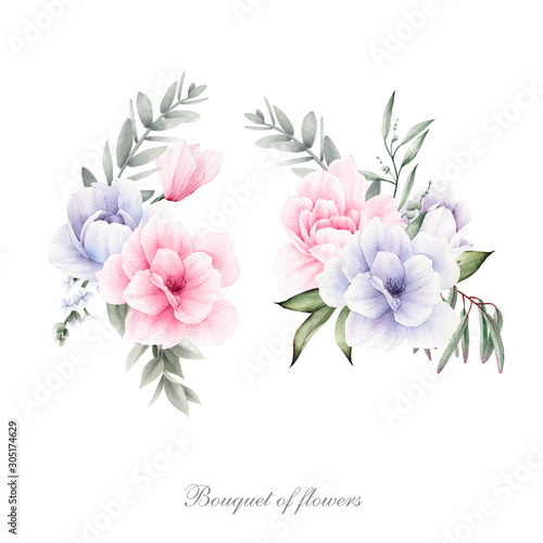 Cyclamen, peonies and leaves. Flowers and leaves, can be used as greeting card, invitation card for wedding, birthday and other holiday and summer background. Bouquets of flowers, watercolor