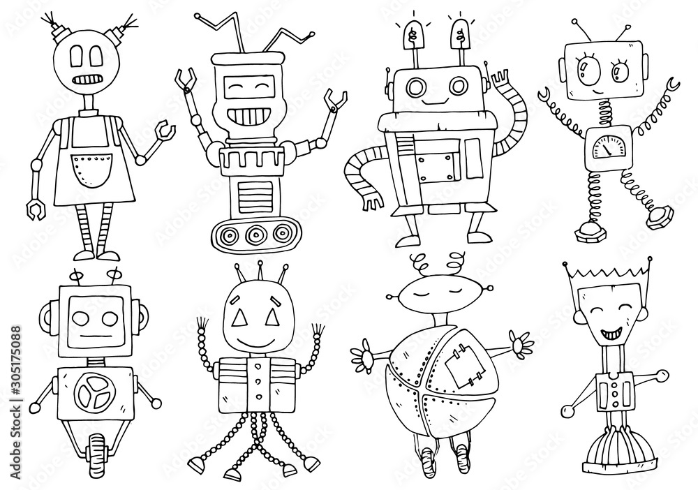 Set of cartoon robots in retro style. Vector illustration. Design for kids clothes, package design. One line art. Doodle. Set of cartoon robots in retro style. Vector illustration. Design for kids clothes, package design. One line art. Doodle.