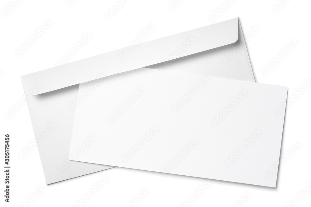Blank white paper in envelope, isolated on white background Blank white paper in envelope, isolated on white background