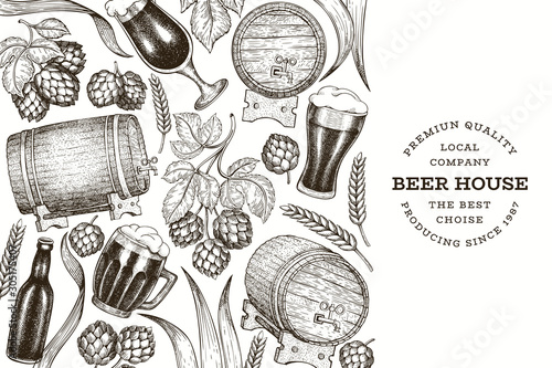 Beer and hop design template. Hand drawn vector brewery illustration. Engraved style. Retro brewing illustration.