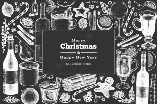 Winter drinks vector banner template. Hand drawn engraved style mulled wine, hot chocolate, spices illustrations on chalk board. Vintage christmas background.
