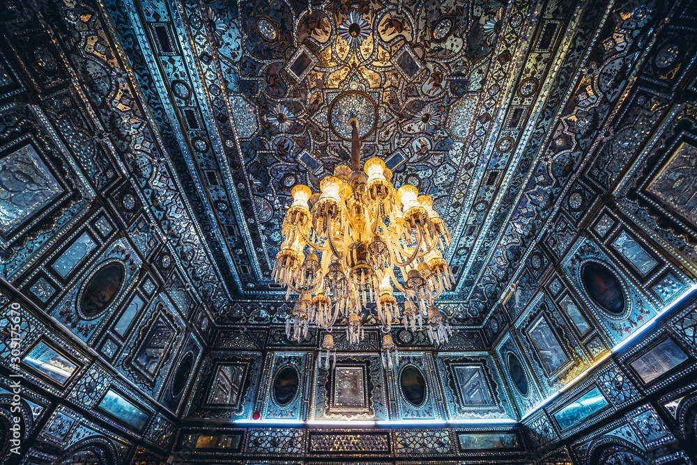 Tehran, Iran October 15, 2016 Decorated ceiling and chandelier in one of the buildings of