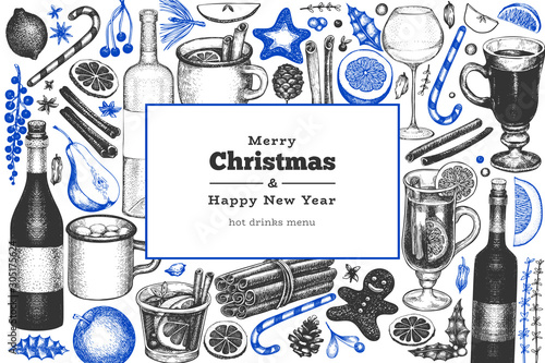 Winter drinks vector design template. Hand drawn engraved style mulled wine, hot chocolate, spices illustrations. Vintage christmas background.