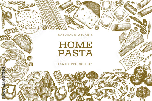 Italian pasta wits additions design template. Hand drawn vector food illustration. Engraved style. Vintage pasta different kinds background.