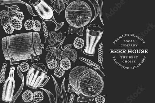 Beer and hop design template. Hand drawn vector brewery illustration on chalk board. Engraved style. Retro brewing illustration.