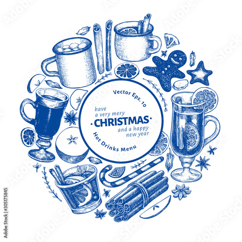 Winter drinks vector design template. Hand drawn engraved style mulled wine, hot chocolate, spices illustrations. Vintage christmas background.