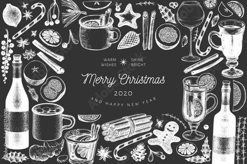 Winter drinks vector banner template. Hand drawn engraved style mulled wine, hot chocolate, spices illustrations on chalk board. Vintage christmas background.