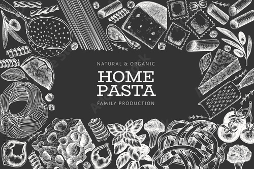 Italian pasta wits additions design template. Hand drawn vector food illustration on chalk board. Engraved style. Vintage pasta different kinds background.