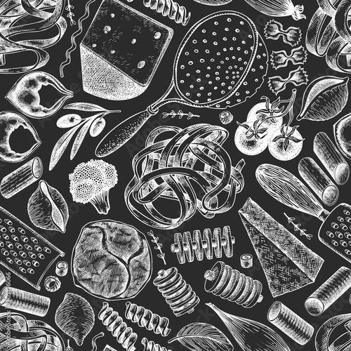 Italian pasta wits additions seamless pattern. Hand drawn vector food illustration on chalk board. Engraved style. Vintage pasta different kinds background.