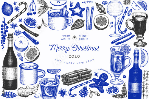Winter drinks vector design template. Hand drawn engraved style mulled wine, hot chocolate, spices illustrations. Vintage christmas background.