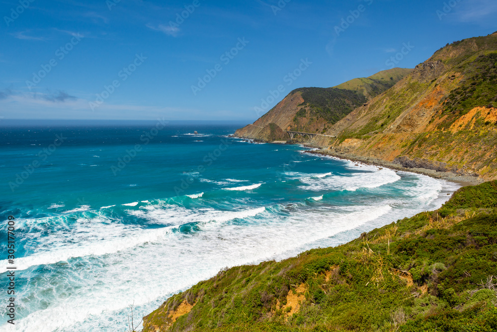 The Pacific coast and ocean at Big Sur region. California landscape, United States
