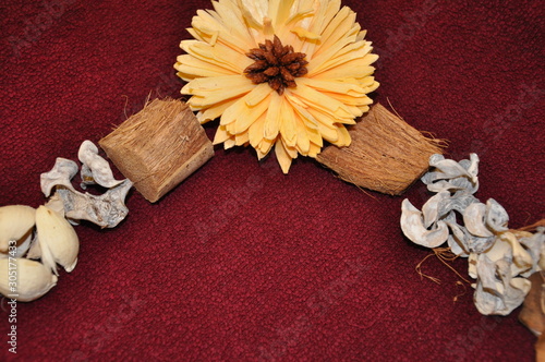 Fall decoration dried trinkets and diy frame on bordoux surface