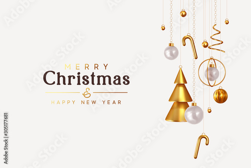Christmas and New Year background. Conical Abstract Gold Christmas Trees. Xmas Balls hanging on ribbon. Bright Winter holiday composition. Greeting card, banner, poster